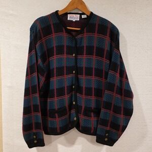 VTG Tally-Ho XL Red Green Plaid Cardigan Sweater‎ Preppy Academia Red Green Blue